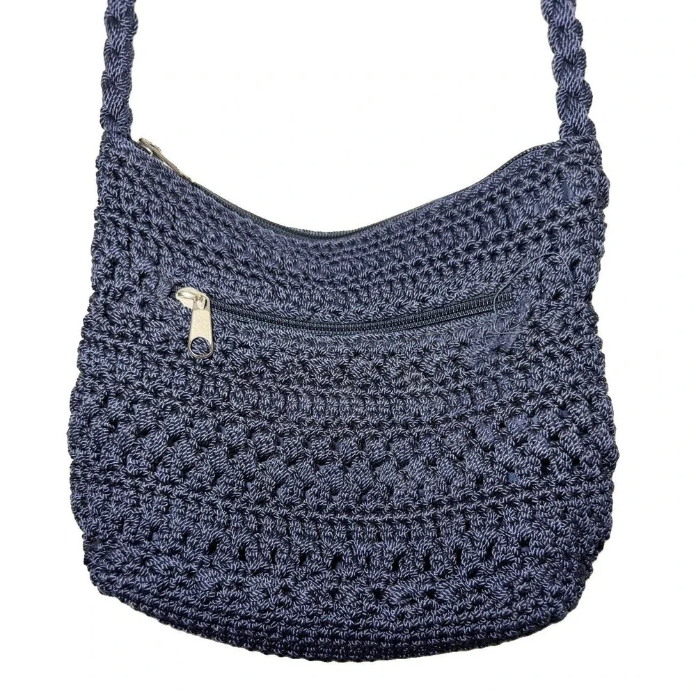 Lina Navy Blue Crochet Shoulder Bag Macrame Knit Zip Top Y2K Boho Purse
